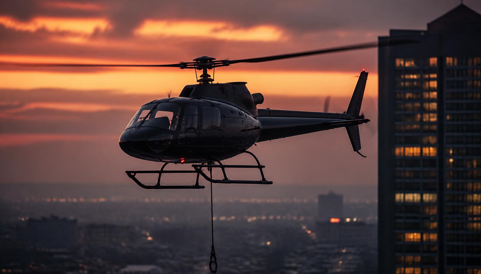 The AS350 helicopter we fly on every lift, at dusk over a Queensland city
